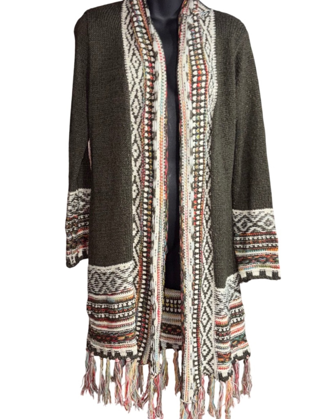 ADORA Shyanne Fringe Tassel Cardigan in Olive small medium boho